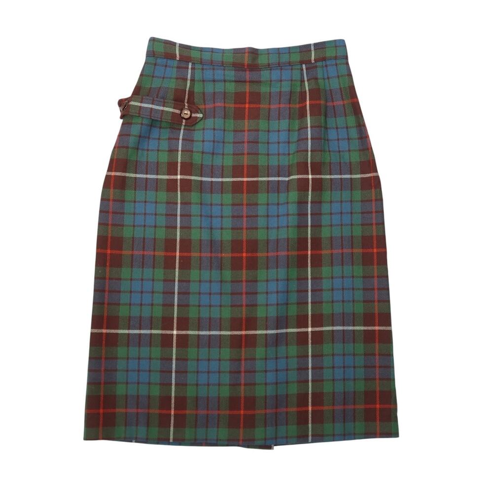 Vintage 70s Blue and Green Plaid Wool Skirt High Rise Knee Length XS
